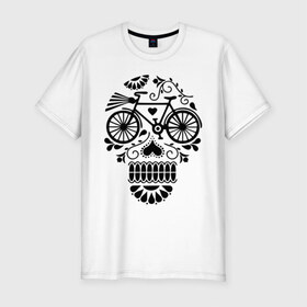 Мужская футболка премиум с принтом Велочереп в Петрозаводске, 92% хлопок, 8% лайкра | приталенный силуэт, круглый вырез ворота, длина до линии бедра, короткий рукав | bicycle | bike | biker | байк | велик | велосипед | велосипедист | велоспорт | велочереп | спорт | череп