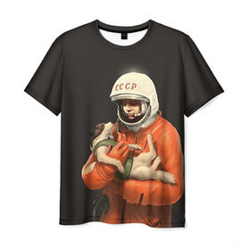 Мужская футболка 3D с принтом Гагарин в Петрозаводске, 100% полиэфир | прямой крой, круглый вырез горловины, длина до линии бедер | Тематика изображения на принте: гагарин | космос. россия | поехали | полет | собака | ссср