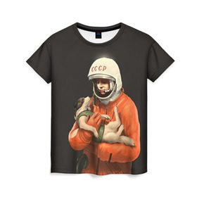 Женская футболка 3D с принтом Гагарин в Петрозаводске, 100% полиэфир ( синтетическое хлопкоподобное полотно) | прямой крой, круглый вырез горловины, длина до линии бедер | гагарин | космос. россия | поехали | полет | собака | ссср