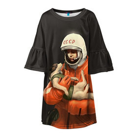 Детское платье 3D с принтом Гагарин в Петрозаводске, 100% полиэстер | прямой силуэт, чуть расширенный к низу. Круглая горловина, на рукавах — воланы | гагарин | космос. россия | поехали | полет | собака | ссср