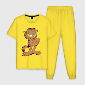 Мужская пижама хлопок с принтом Гарфилд в Петрозаводске, 100% хлопок | брюки и футболка прямого кроя, без карманов, на брюках мягкая резинка на поясе и по низу штанин
 | гарфилд garfield
