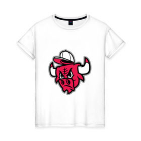 Женская футболка хлопок с принтом Chicago Bulls (в кепке) в Петрозаводске, 100% хлопок | прямой крой, круглый вырез горловины, длина до линии бедер, слегка спущенное плечо | chicago bulls | буллз | кепка | чикаго | чикаго буллз