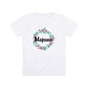Детская футболка хлопок с принтом Марина в Петрозаводске, 100% хлопок | круглый вырез горловины, полуприлегающий силуэт, длина до линии бедер | акварель | венок | марина | цветы