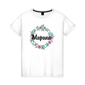 Женская футболка хлопок с принтом Марина в Петрозаводске, 100% хлопок | прямой крой, круглый вырез горловины, длина до линии бедер, слегка спущенное плечо | акварель | венок | марина | цветы