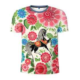 Мужская футболка 3D спортивная с принтом Роспись в Петрозаводске, 100% полиэстер с улучшенными характеристиками | приталенный силуэт, круглая горловина, широкие плечи, сужается к линии бедра | конь | лошадь | узор | цветы