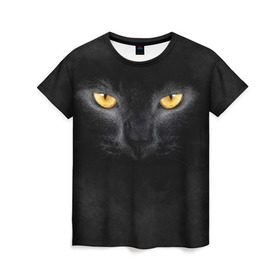 Женская футболка 3D с принтом Черная кошка в Петрозаводске, 100% полиэфир ( синтетическое хлопкоподобное полотно) | прямой крой, круглый вырез горловины, длина до линии бедер | глаза | киса | кот | котик | кошка | черная кошка
