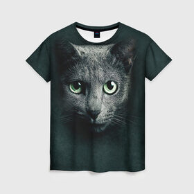Женская футболка 3D с принтом Серый кот в Петрозаводске, 100% полиэфир ( синтетическое хлопкоподобное полотно) | прямой крой, круглый вырез горловины, длина до линии бедер | киса | кот | котик | кошка | серый кот