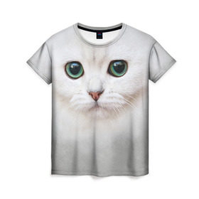 Женская футболка 3D с принтом Белый котик в Петрозаводске, 100% полиэфир ( синтетическое хлопкоподобное полотно) | прямой крой, круглый вырез горловины, длина до линии бедер | белая кошка | киса | кот | котик | кошка