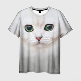 Мужская футболка 3D с принтом Белый котик в Петрозаводске, 100% полиэфир | прямой крой, круглый вырез горловины, длина до линии бедер | Тематика изображения на принте: белая кошка | киса | кот | котик | кошка