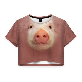 Женская футболка 3D укороченная с принтом Хрюшка в Петрозаводске, 100% полиэстер | круглая горловина, длина футболки до линии талии, рукава с отворотами | свинка | свинья | хрюшка