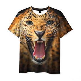 Мужская футболка 3D с принтом Леопард в Петрозаводске, 100% полиэфир | прямой крой, круглый вырез горловины, длина до линии бедер | киса | кошка | леопард | хищник