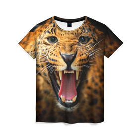 Женская футболка 3D с принтом Леопард в Петрозаводске, 100% полиэфир ( синтетическое хлопкоподобное полотно) | прямой крой, круглый вырез горловины, длина до линии бедер | киса | кошка | леопард | хищник