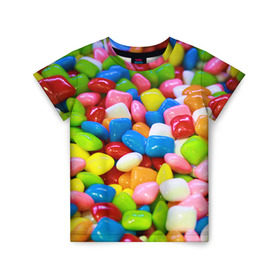 Детская футболка 3D с принтом Конфетки в Петрозаводске, 100% гипоаллергенный полиэфир | прямой крой, круглый вырез горловины, длина до линии бедер, чуть спущенное плечо, ткань немного тянется | вкусности | конфеты | мармелад | сладости