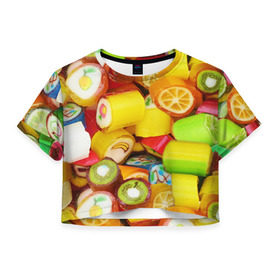 Женская футболка 3D укороченная с принтом Леденцы в Петрозаводске, 100% полиэстер | круглая горловина, длина футболки до линии талии, рукава с отворотами | вкусности | конфеты сладости | леденец