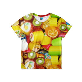Детская футболка 3D с принтом Леденцы в Петрозаводске, 100% гипоаллергенный полиэфир | прямой крой, круглый вырез горловины, длина до линии бедер, чуть спущенное плечо, ткань немного тянется | Тематика изображения на принте: вкусности | конфеты сладости | леденец