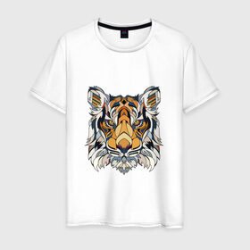 Мужская футболка хлопок с принтом Тигруля в Петрозаводске, 100% хлопок | прямой крой, круглый вырез горловины, длина до линии бедер, слегка спущенное плечо. | звери | лев | минимализм | свирепый тигр защитит вас в любое время :)геометрия | тигр