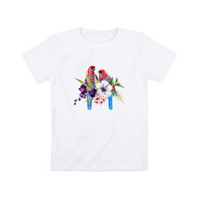 Детская футболка хлопок с принтом Попугаи в Петрозаводске, 100% хлопок | круглый вырез горловины, полуприлегающий силуэт, длина до линии бедер | myparrots | акварель | попугаи | птиц | розелла | цветы