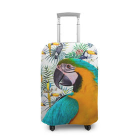 Чехол для чемодана 3D с принтом Попугаи в Петрозаводске, 86% полиэфир, 14% спандекс | двустороннее нанесение принта, прорези для ручек и колес | Тематика изображения на принте: myparrots | parrot | ара | листья | орнамент | попугаи | птицы | рай | синежелтый | тукан | узор | цветы