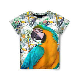 Детская футболка 3D с принтом Попугаи в Петрозаводске, 100% гипоаллергенный полиэфир | прямой крой, круглый вырез горловины, длина до линии бедер, чуть спущенное плечо, ткань немного тянется | Тематика изображения на принте: myparrots | parrot | ара | листья | орнамент | попугаи | птицы | рай | синежелтый | тукан | узор | цветы