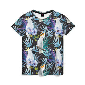 Женская футболка 3D с принтом Попугаи в Петрозаводске, 100% полиэфир ( синтетическое хлопкоподобное полотно) | прямой крой, круглый вырез горловины, длина до линии бедер | myparrots | parrotузор | листья | орнамент | попугаи | птицы | рай | цветы