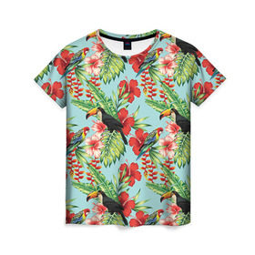 Женская футболка 3D с принтом Попугаи в Петрозаводске, 100% полиэфир ( синтетическое хлопкоподобное полотно) | прямой крой, круглый вырез горловины, длина до линии бедер | myparrots | parrotузор | листья | орнамент | попугаи | птицы | рай | розелла | тукан | цветы