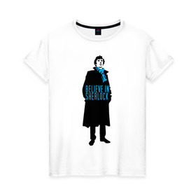 Женская футболка хлопок с принтом Шерлок (SHERLOCK) в Петрозаводске, 100% хлопок | прямой крой, круглый вырез горловины, длина до линии бедер, слегка спущенное плечо | Тематика изображения на принте: «шерлок» | также известен как «шерлок холмс»  британский телесериалsherlock | шерлок