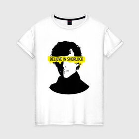 Женская футболка хлопок с принтом шерлок (SHERLOCK) в Петрозаводске, 100% хлопок | прямой крой, круглый вырез горловины, длина до линии бедер, слегка спущенное плечо | 