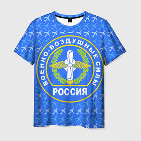 Мужская футболка 3D с принтом ВВС РОССИИ в Петрозаводске, 100% полиэфир | прямой крой, круглый вырез горловины, длина до линии бедер | Тематика изображения на принте: авиация | герб | летчику | небо