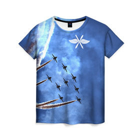 Женская футболка 3D с принтом Самолеты в небе в Петрозаводске, 100% полиэфир ( синтетическое хлопкоподобное полотно) | прямой крой, круглый вырез горловины, длина до линии бедер | авиатор | авиация | ввс | герб | летчику | небо | самолет | флаг