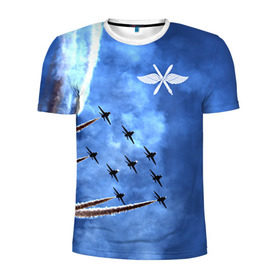 Мужская футболка 3D спортивная с принтом Самолеты в небе в Петрозаводске, 100% полиэстер с улучшенными характеристиками | приталенный силуэт, круглая горловина, широкие плечи, сужается к линии бедра | Тематика изображения на принте: авиатор | авиация | ввс | герб | летчику | небо | самолет | флаг