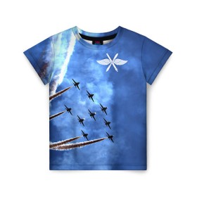 Детская футболка 3D с принтом Самолеты в небе в Петрозаводске, 100% гипоаллергенный полиэфир | прямой крой, круглый вырез горловины, длина до линии бедер, чуть спущенное плечо, ткань немного тянется | Тематика изображения на принте: авиатор | авиация | ввс | герб | летчику | небо | самолет | флаг
