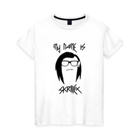 Женская футболка хлопок с принтом My name is skrillex в Петрозаводске, 100% хлопок | прямой крой, круглый вырез горловины, длина до линии бедер, слегка спущенное плечо | 