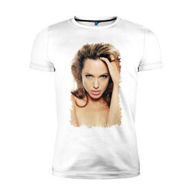 Мужская футболка премиум с принтом Анджелина Джоли в Петрозаводске, 92% хлопок, 8% лайкра | приталенный силуэт, круглый вырез ворота, длина до линии бедра, короткий рукав | Тематика изображения на принте: angelina jolie | анджелина джоли | кинозвезда