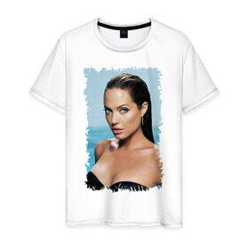 Мужская футболка хлопок с принтом Angelina Jolie в Петрозаводске, 100% хлопок | прямой крой, круглый вырез горловины, длина до линии бедер, слегка спущенное плечо. | Тематика изображения на принте: angelina jolie | анджелина джоли | кинозвезда