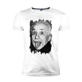 Мужская футболка премиум с принтом Энштейн показывает язык в Петрозаводске, 92% хлопок, 8% лайкра | приталенный силуэт, круглый вырез ворота, длина до линии бедра, короткий рукав | albert einstein | альберт энштейн | учёный | физика