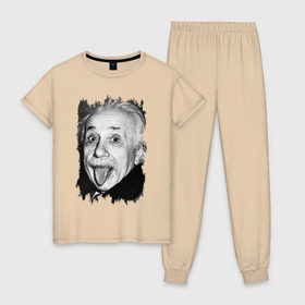 Женская пижама хлопок с принтом Энштейн показывает язык в Петрозаводске, 100% хлопок | брюки и футболка прямого кроя, без карманов, на брюках мягкая резинка на поясе и по низу штанин | albert einstein | альберт энштейн | учёный | физика