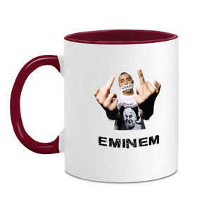 Кружка двухцветная с принтом Eminem Fuck в Петрозаводске, керамика | объем — 330 мл, диаметр — 80 мм. Цветная ручка и кайма сверху, в некоторых цветах — вся внутренняя часть | marshal mathers | rap | slim shady