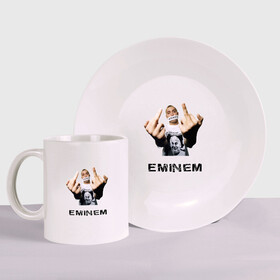 Набор: тарелка + кружка с принтом Eminem Fuck в Петрозаводске, керамика | Кружка: объем — 330 мл, диаметр — 80 мм. Принт наносится на бока кружки, можно сделать два разных изображения. 
Тарелка: диаметр - 210 мм, диаметр для нанесения принта - 120 мм. | Тематика изображения на принте: marshal mathers | rap | slim shady
