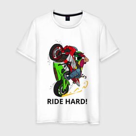 Мужская футболка хлопок с принтом Ride Hard (Moto) в Петрозаводске, 100% хлопок | прямой крой, круглый вырез горловины, длина до линии бедер, слегка спущенное плечо. | moto | motorcycle | ride hard or go home вваливай по настоящемуstunt | yamaha | мото | спортбайк | стант