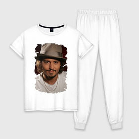 Женская пижама хлопок с принтом Джонни Депп (Johnny Depp) в Петрозаводске, 100% хлопок | брюки и футболка прямого кроя, без карманов, на брюках мягкая резинка на поясе и по низу штанин | johnny depp | голливуд | джонни депп | кинозвезда