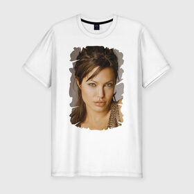 Мужская футболка премиум с принтом Анджелина Джоли в Петрозаводске, 92% хлопок, 8% лайкра | приталенный силуэт, круглый вырез ворота, длина до линии бедра, короткий рукав | angelina jolie | анджелина джоли | кинозвезда