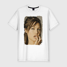 Мужская футболка премиум с принтом Анджелина Джоли в Петрозаводске, 92% хлопок, 8% лайкра | приталенный силуэт, круглый вырез ворота, длина до линии бедра, короткий рукав | angelina jolie | анджелина джоли | кинозвезда
