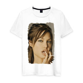 Мужская футболка хлопок с принтом Анджелина Джоли в Петрозаводске, 100% хлопок | прямой крой, круглый вырез горловины, длина до линии бедер, слегка спущенное плечо. | Тематика изображения на принте: angelina jolie | анджелина джоли | кинозвезда