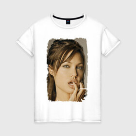 Женская футболка хлопок с принтом Анджелина Джоли в Петрозаводске, 100% хлопок | прямой крой, круглый вырез горловины, длина до линии бедер, слегка спущенное плечо | Тематика изображения на принте: angelina jolie | анджелина джоли | кинозвезда