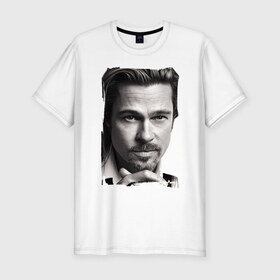 Мужская футболка премиум с принтом Брэд Питт (Brad Pitt) в Петрозаводске, 92% хлопок, 8% лайкра | приталенный силуэт, круглый вырез ворота, длина до линии бедра, короткий рукав | brad pitt | брэд питт | голливуд | кинозвезда