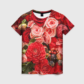 Женская футболка 3D с принтом Цветы в Петрозаводске, 100% полиэфир ( синтетическое хлопкоподобное полотно) | прямой крой, круглый вырез горловины, длина до линии бедер | flower | девушкам | розы | цветочки | цветы