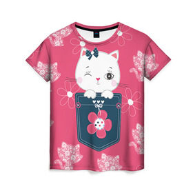Женская футболка 3D с принтом Котик в Петрозаводске, 100% полиэфир ( синтетическое хлопкоподобное полотно) | прямой крой, круглый вырез горловины, длина до линии бедер | Тематика изображения на принте: девушкам | карман | киса | котик | кошка | цветы
