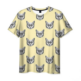 Мужская футболка 3D с принтом Котик в Петрозаводске, 100% полиэфир | прямой крой, круглый вырез горловины, длина до линии бедер | киса | котик | кошка | очки