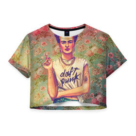 Женская футболка 3D укороченная с принтом Фрида в Петрозаводске, 100% полиэстер | круглая горловина, длина футболки до линии талии, рукава с отворотами | девушка | искусство | кало | фрида | цветы