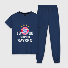 Женская пижама хлопок с принтом Super Bayern в Петрозаводске, 100% хлопок | брюки и футболка прямого кроя, без карманов, на брюках мягкая резинка на поясе и по низу штанин | бавария